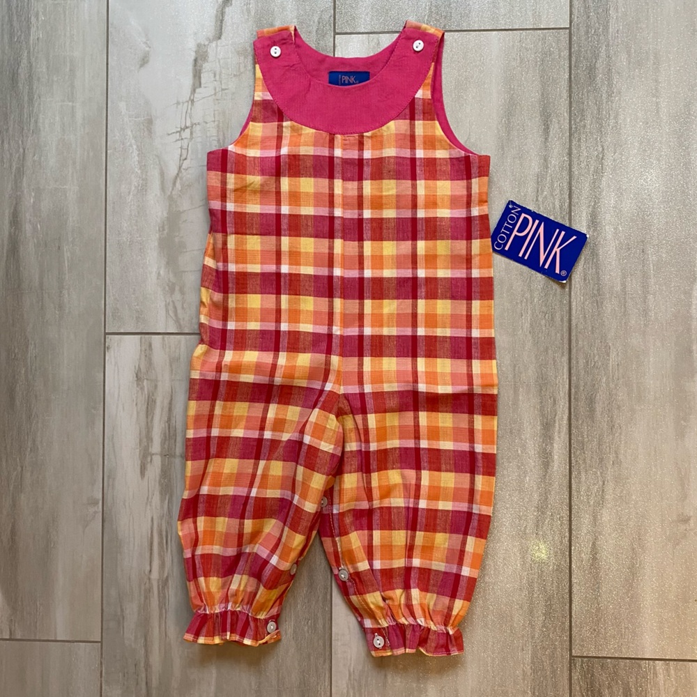 NWT Cotton Pink Colorful Plaid Romper Overall with Pink Corduroy Full Length 12M